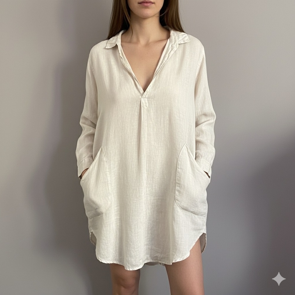 CP Shades Oatmeal Teton Linen Tunic Blouse - S, Oversized!